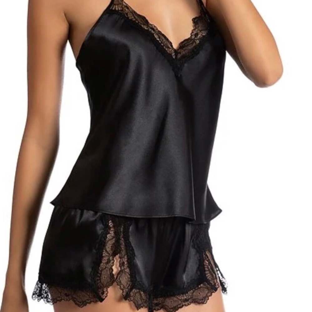 Black Lace-Trim Satin Cami & Short Sleep Set
